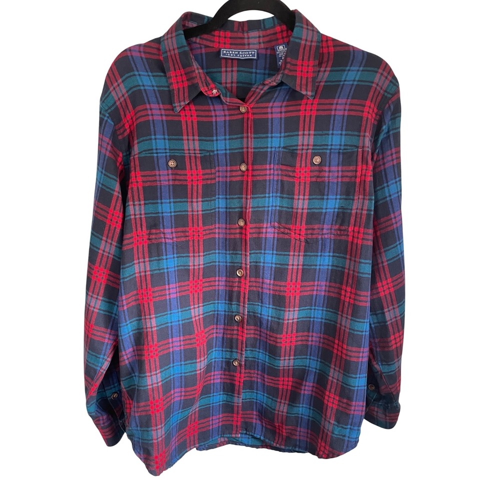 VTG Karen Scott Flannel Shirt Women  Plaid Red Blue Green Cotton Button Front M